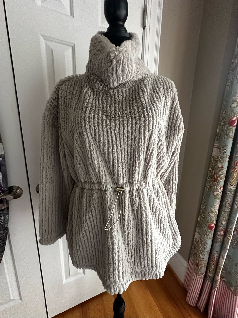 Cupio Plush Ribbed Sherpa High Neck Cinch Waist Tunic Sweater